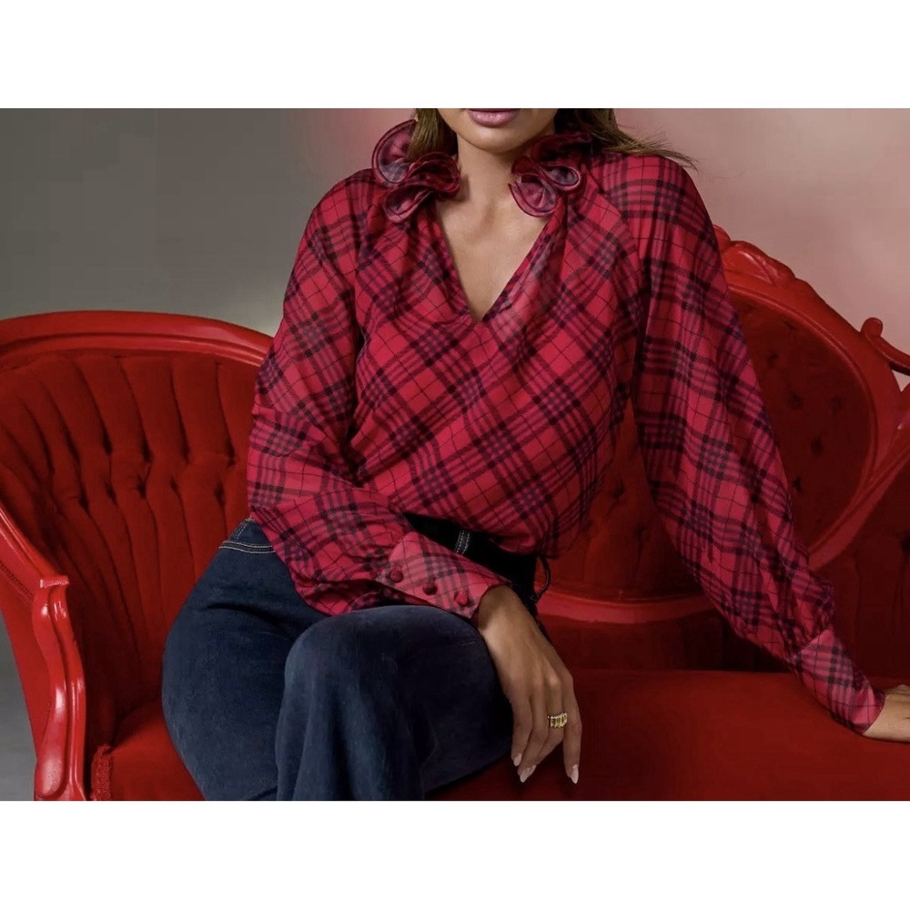 Boston Proper Ruffle Collar Plaid Blouse Red Holiday Sheer Preppy
